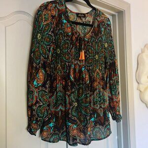 Melissa Paige Petite Boho Blouse PM | Paisley Tassel Tie Peasant Top